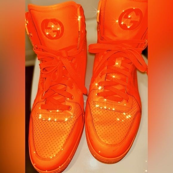 🔥🔥🔥SUPER RARE GUCCI!!!! DOUBLE GG LEATHER HI-TOP NEON ORANGE SNEAKERS! - Picture 1 of 10